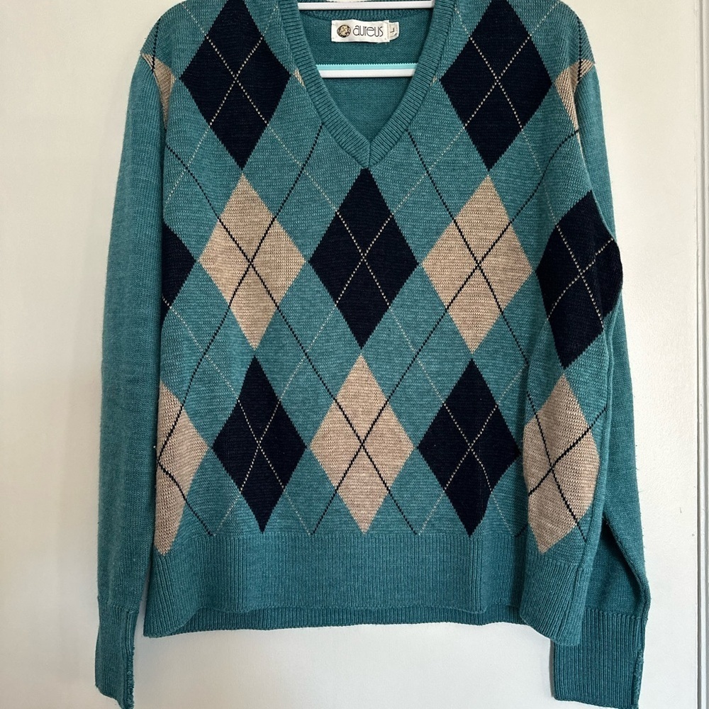 Vintage 80s Aureus Sz: L Dusty Teal Navy Gray Argyle Vneck Pullover Sweater